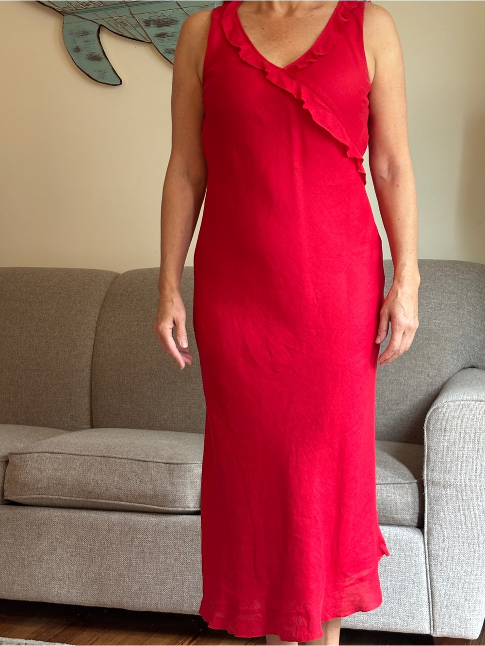 Red Sleeveless Ruffled V-Neck Maxi Dress
